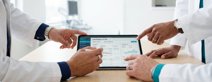 Doctors analyzing data on a tablet